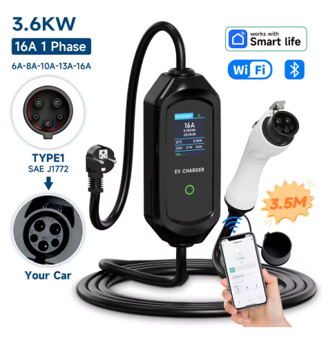 Cargador Portátil EV 3.6kW 16A – Tipo 1 SAE J1772 / Tipo 2 IEC 62196-2 / Tipo GBT