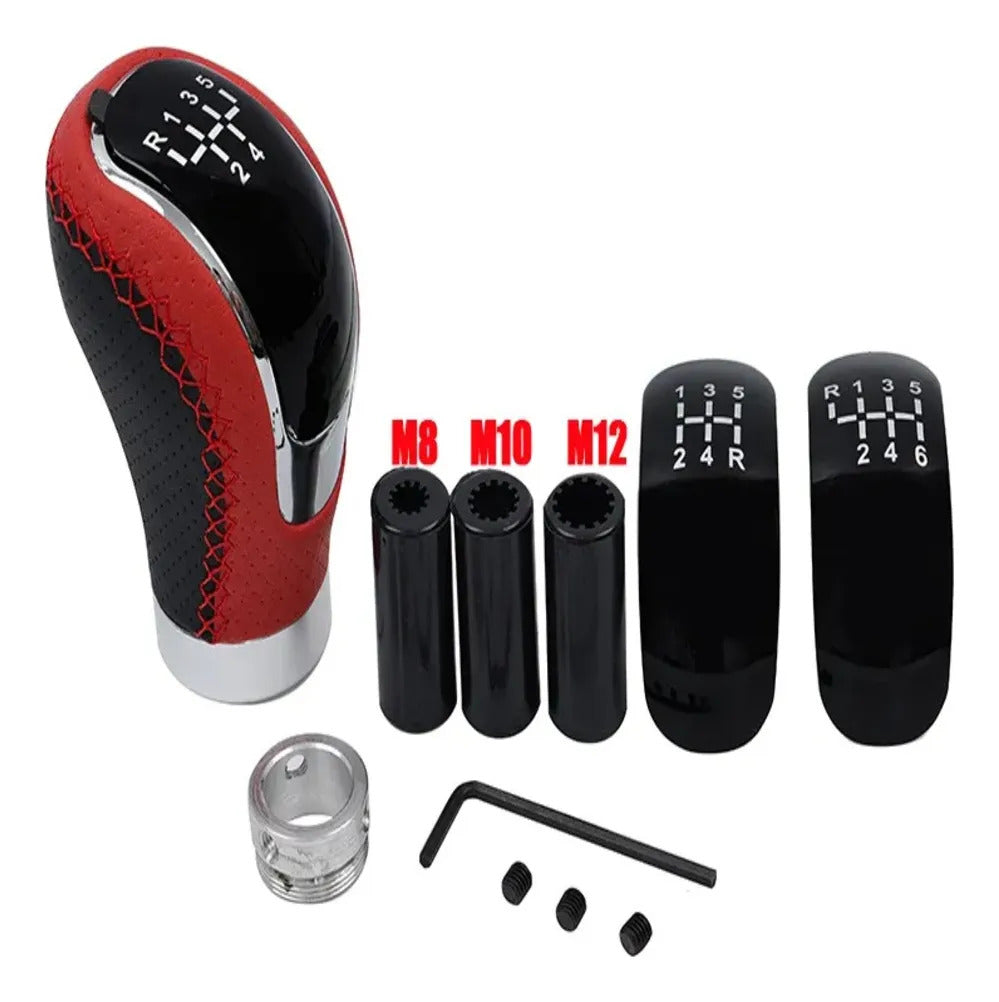 Pomo palanca de cambios universal cuero rojo con adaptadores