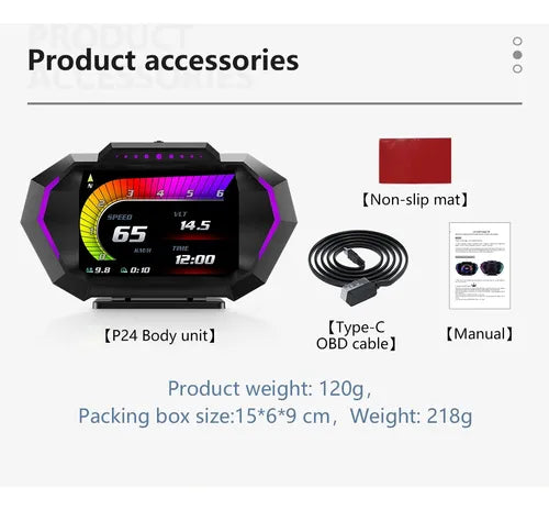 Pantalla HUD Digital OBD2 + GPS P24 – Velocímetro, Consumo, Inclinómetro y más
