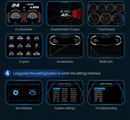 Pantalla HUD Digital OBD2 + GPS P24 – Velocímetro, Consumo, Inclinómetro y más