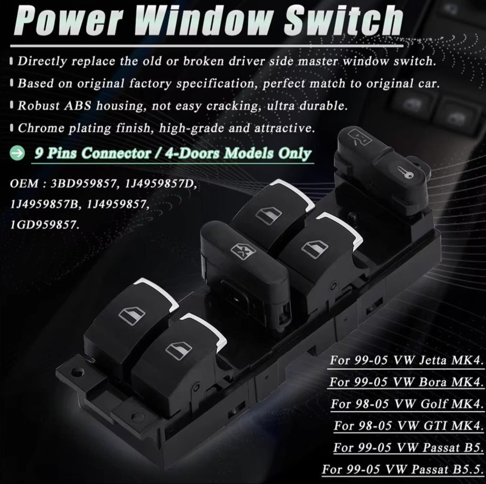 Interruptor Maestro Alzavidrios VW Golf 4 / Jetta MK4 / Passat B5 / Beetle – 3BD959857