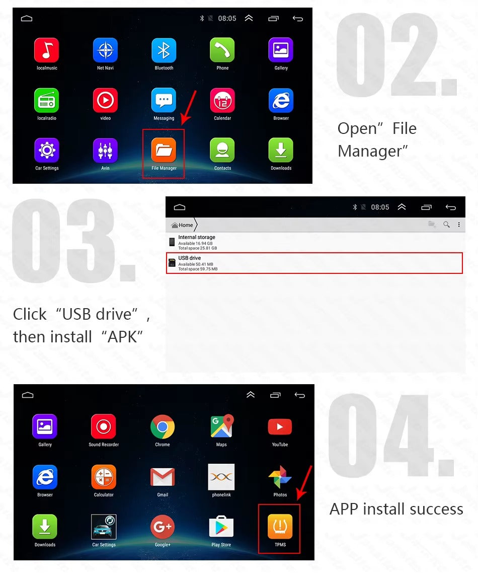 Sistema TPMS Android USB – Monitoreo Digital de Presión de Neumáticos + Tapas Indicadoras (Combo 2 en 1)