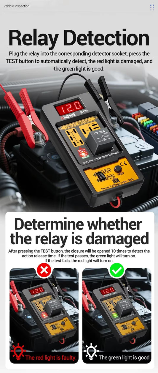 Probador de Relé Automotriz ANENG RT01 Universal 11–25V – LED + Pinzas Cocodrilo
