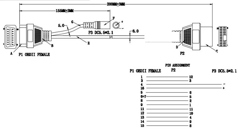 Cable Adaptador OBD1 de 12 Pines a OBD2 de 16 Pines para Mitsubishi