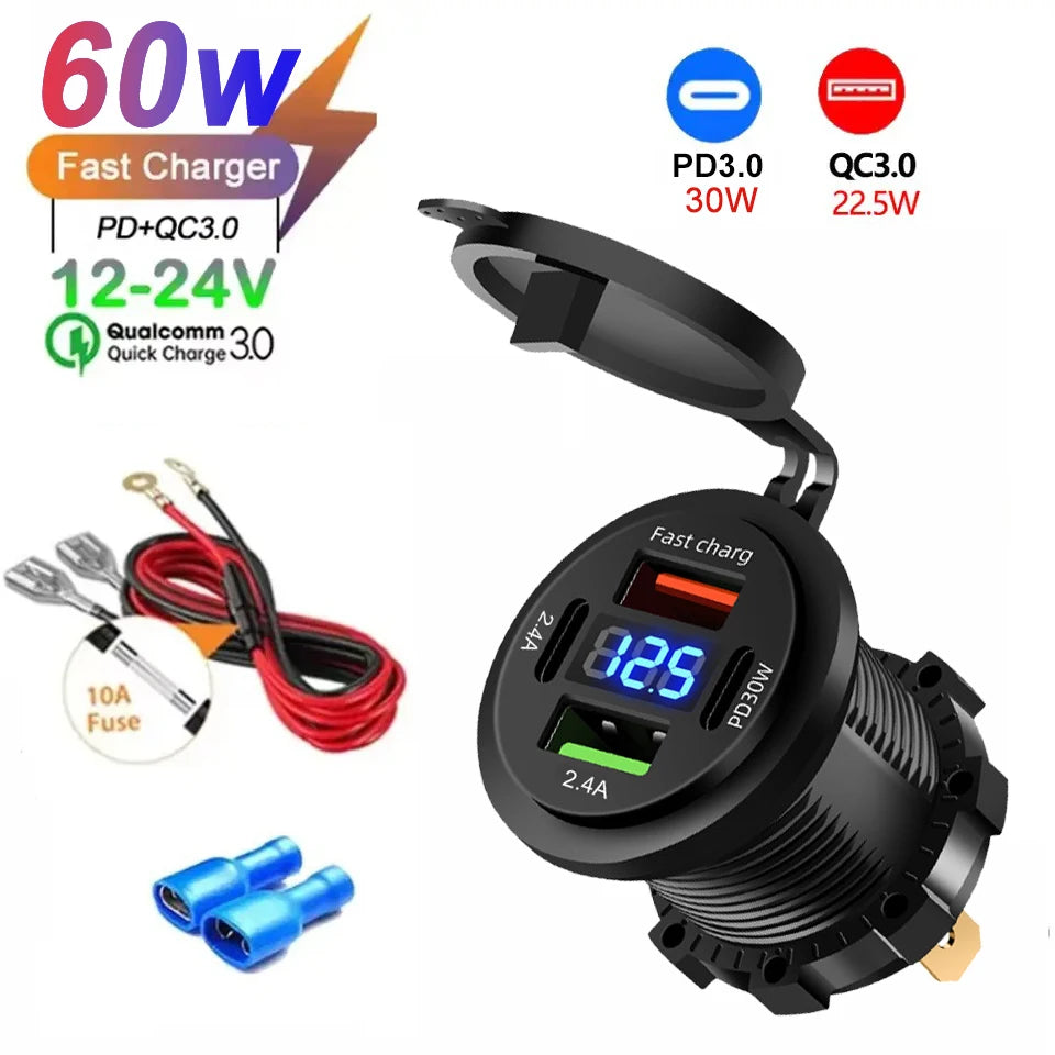 Cargador USB Tipo-C 4 Puertos 83W con Voltímetro 12V/24V para Auto, Moto y Embarcación - Resistente al Agua, con Cable