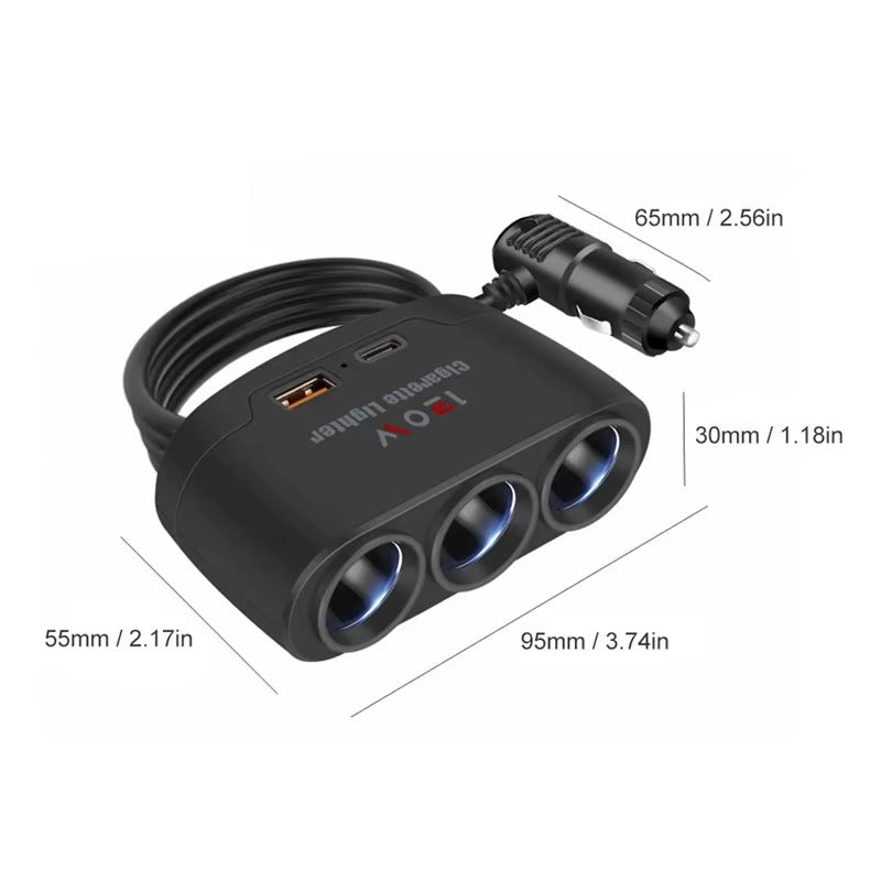 Cargador Encendedor 3 en 1 con Puertos USB y Tipo-C – 12V / 120W