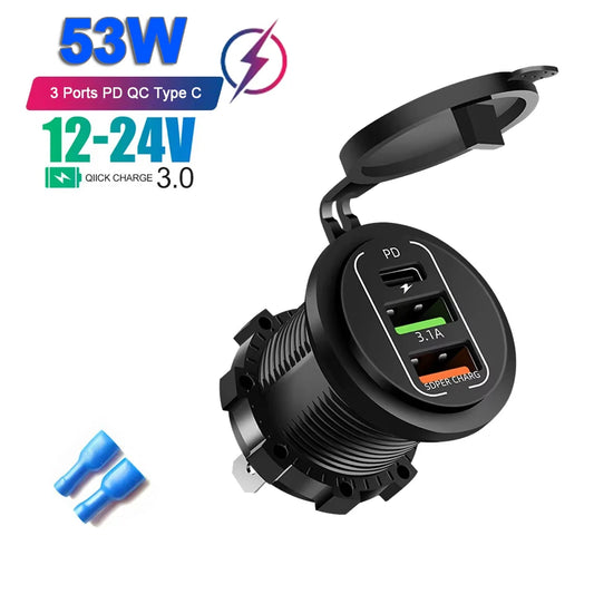 Cargador USB Tipo-C 4 Puertos 83W con Voltímetro 12V/24V para Auto, Moto y Embarcación - Resistente al Agua, con Cable