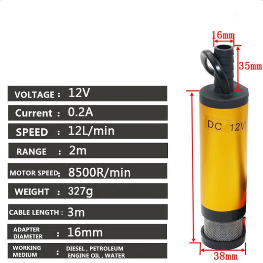 BOMBA ELÉCTRICA SUMERGIBLE PARA TRANSFERENCIA DE COMBUSTIBLE Y ACEITE – 12V, 12 L/min