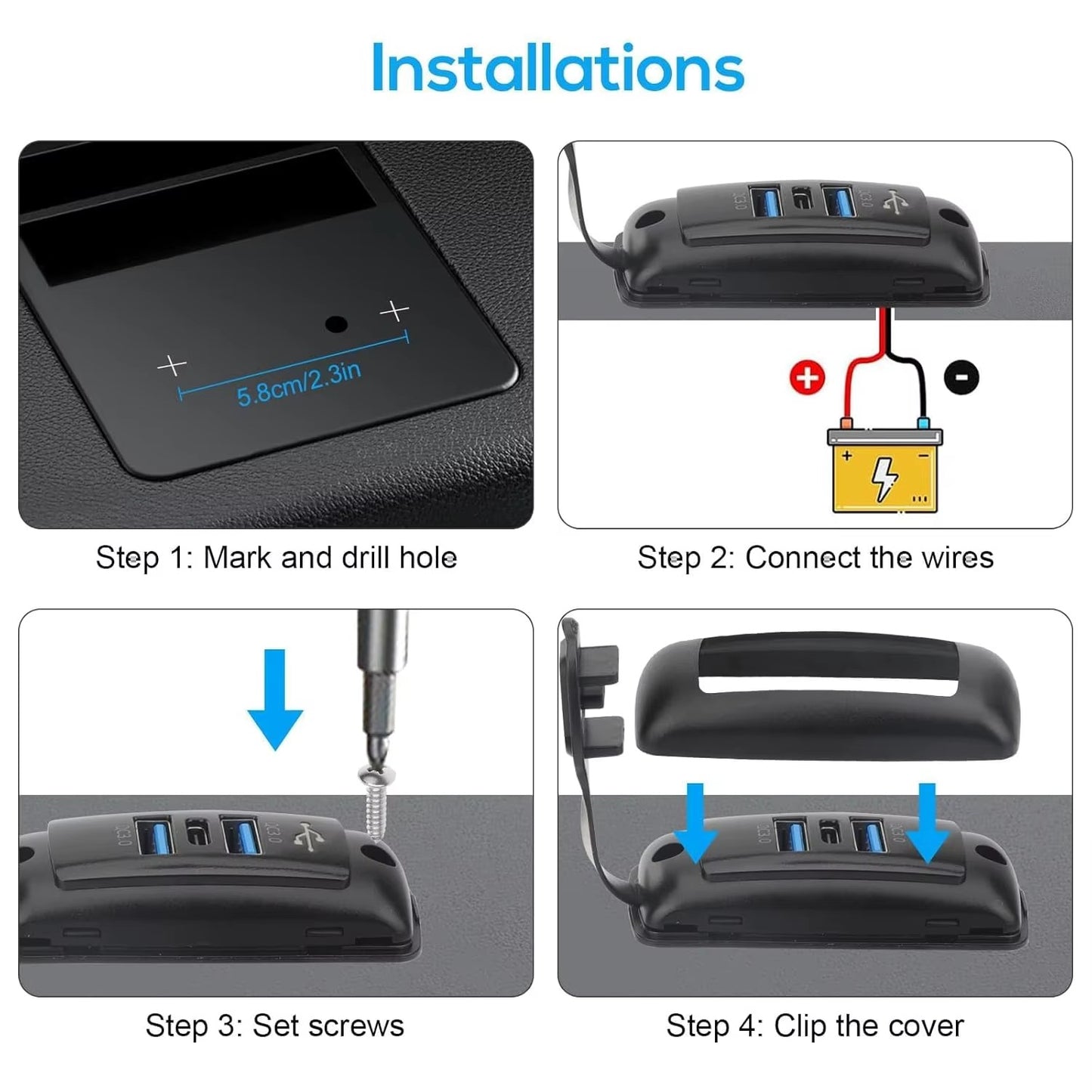 Cargador USB 3 Puertos para Auto/Moto 12V–24V – PD 30W + QC3.0 Dual Resistente al Agua
