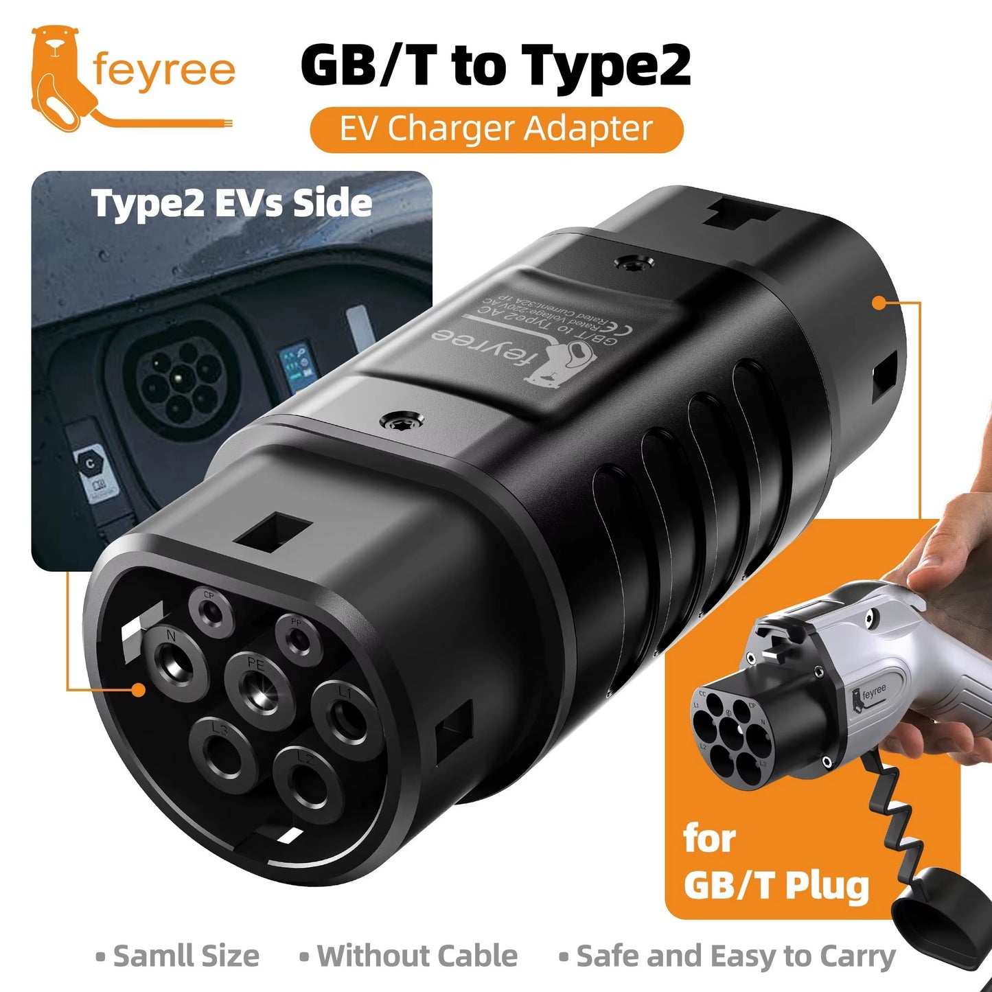 Adaptador EV GBT a Tipo 2 Feyree 32A Convertidor IEC 62196
