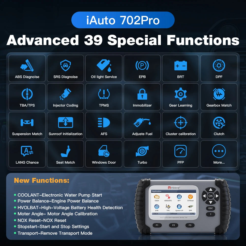 Escáner Automotriz OBD2 ABS/SRS con 39 Funciones Especiales – Vident iAuto702 Pro