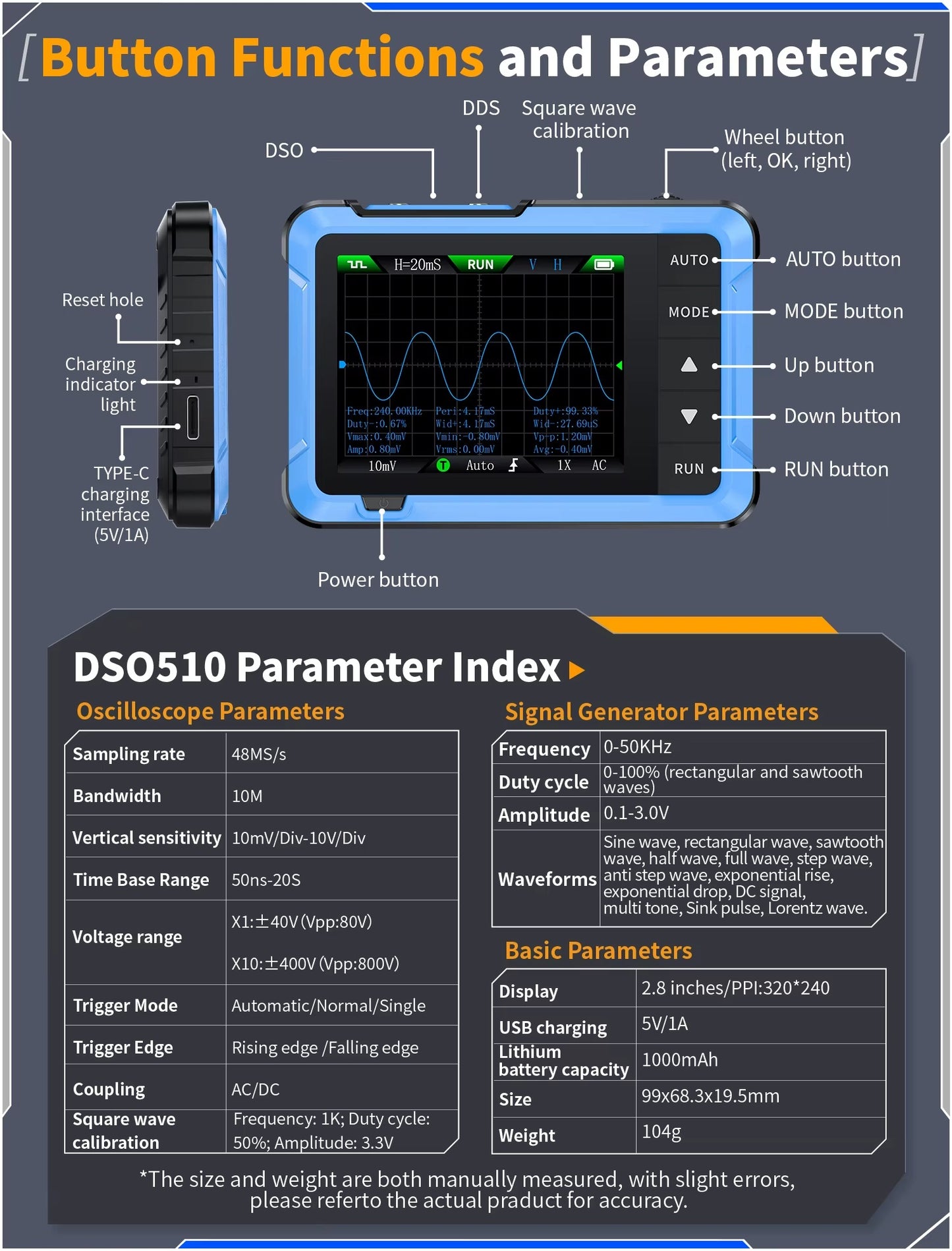 Osciloscopio Digital FNIRSI DSO510 con P6100 Generador de Señales 2 en 1