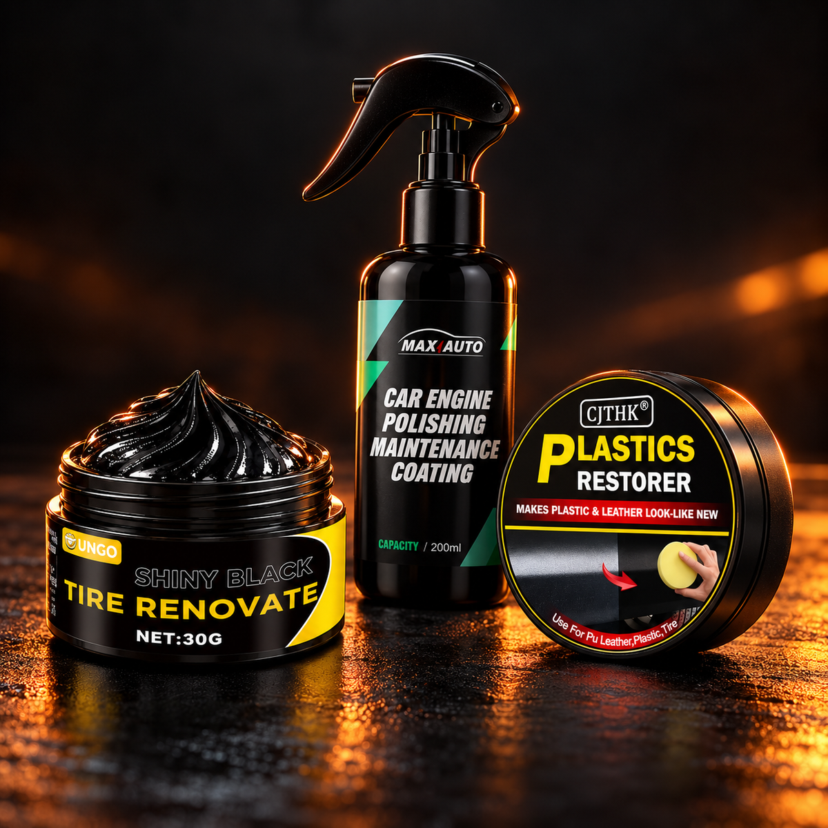 Productos reales para limpieza y cuidado automotriz, cera, limpiador y restaurador en fondo negro y naranja