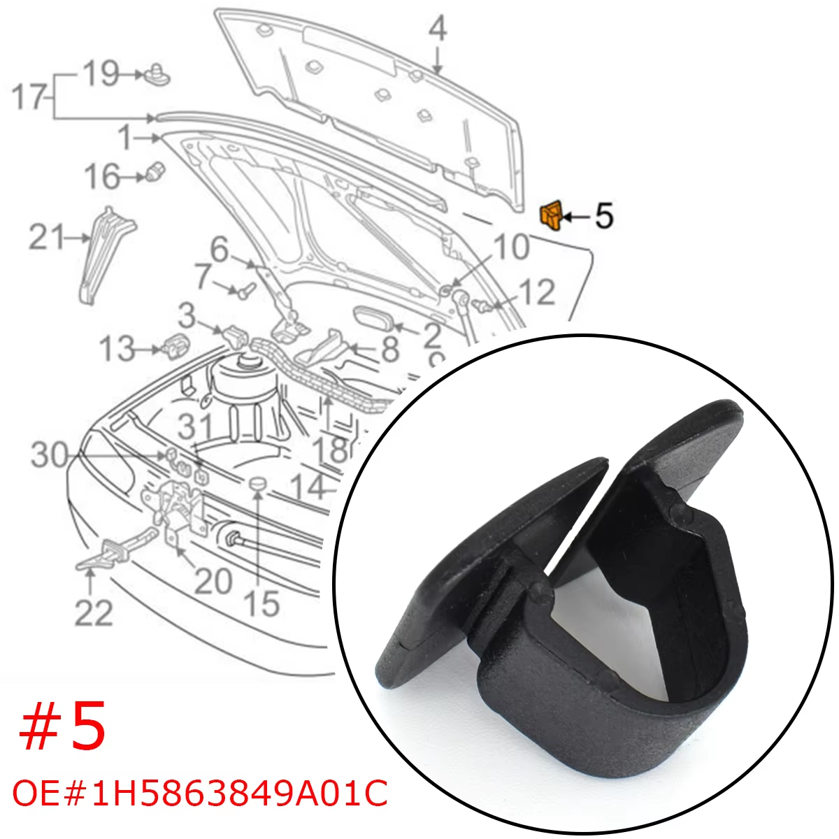 Clips Aislante Capó VW Audi Seat Skoda 1H5863849 20 unidades