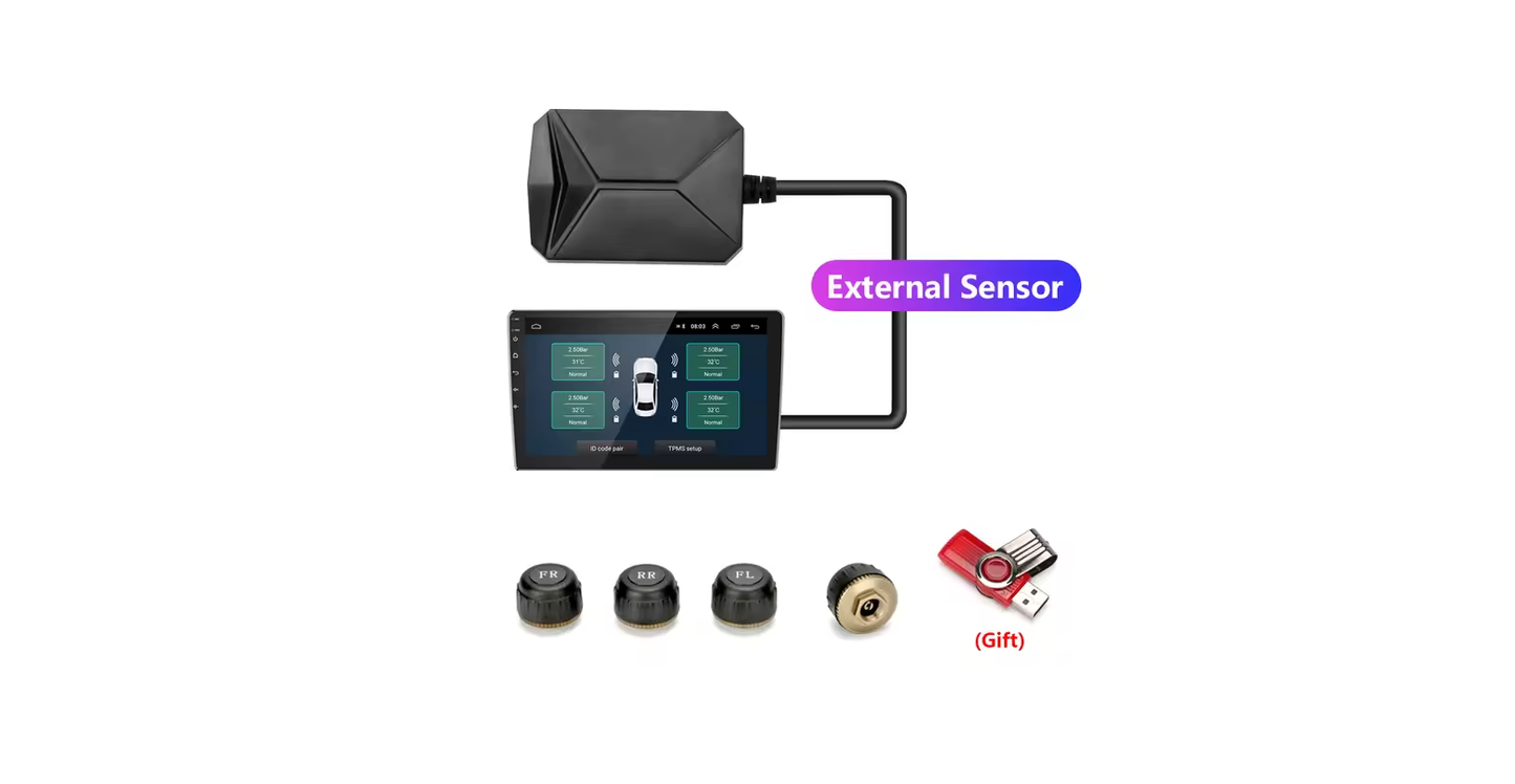 Sistema TPMS Android USB – Monitoreo Digital de Presión de Neumáticos + Tapas Indicadoras (Combo 2 en 1)