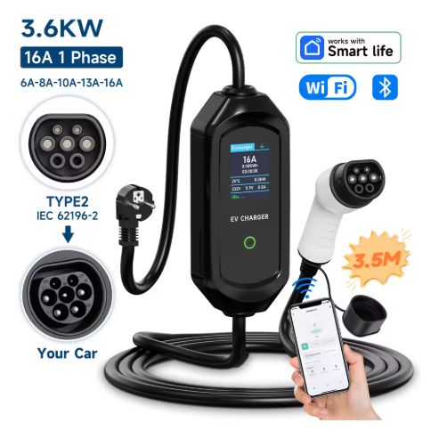 Cargador Portátil EV 3.6kW 16A – Tipo 1 SAE J1772 / Tipo 2 IEC 62196-2 / Tipo GBT