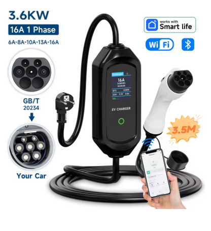 Cargador Portátil EV 3.6kW 16A – Tipo 1 SAE J1772 / Tipo 2 IEC 62196-2 / Tipo GBT