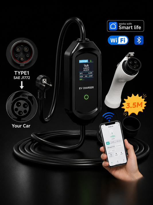 Cargador Portátil EV 3.6kW 16A WiFi Tipo 1 / Tipo 2 para Vehículos Eléctricos