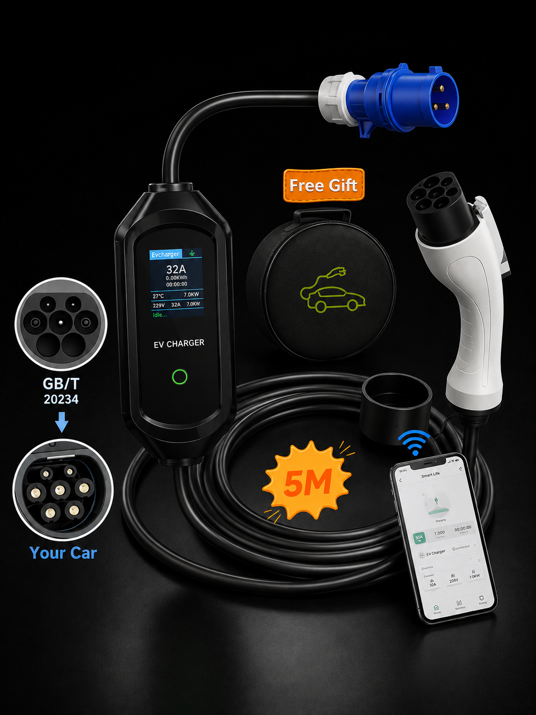 Cargador Portátil EV AFEVV 7kW 32A Tipo 2 con WiFi/Bluetooth