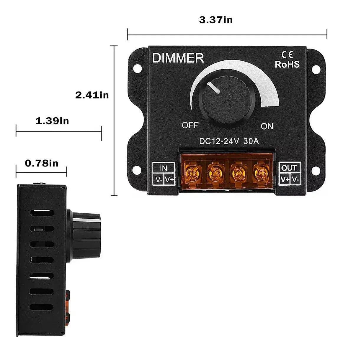 Regulador de Intensidad LED Manual (Dimmer) 12V-24V 30A Negro