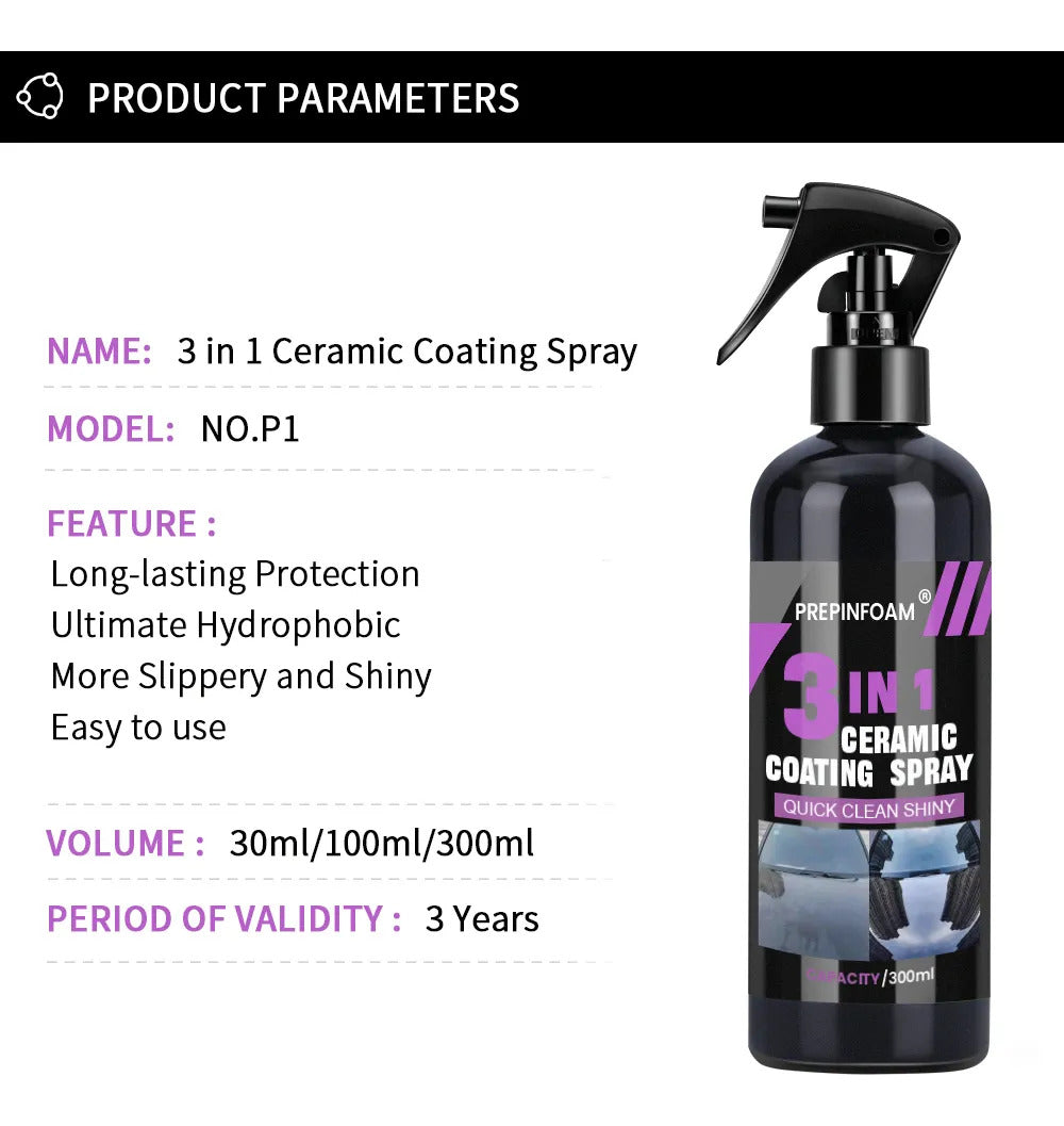 Recubrimiento Cerámico Spray Automotriz 3 en 1 Hidrofóbico 300 ml con Paño de Microfibra