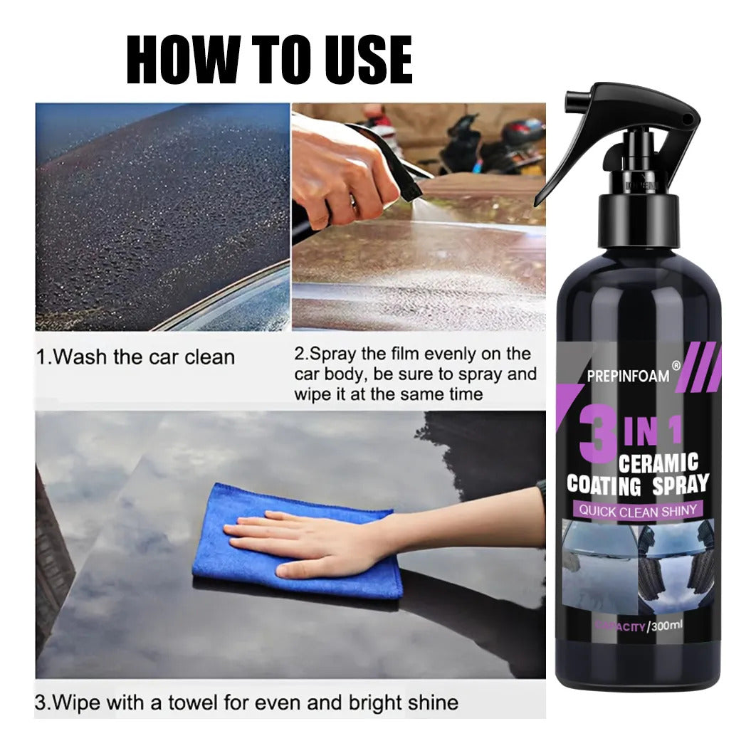Recubrimiento Cerámico Spray Automotriz 3 en 1 Hidrofóbico 300 ml con Paño de Microfibra