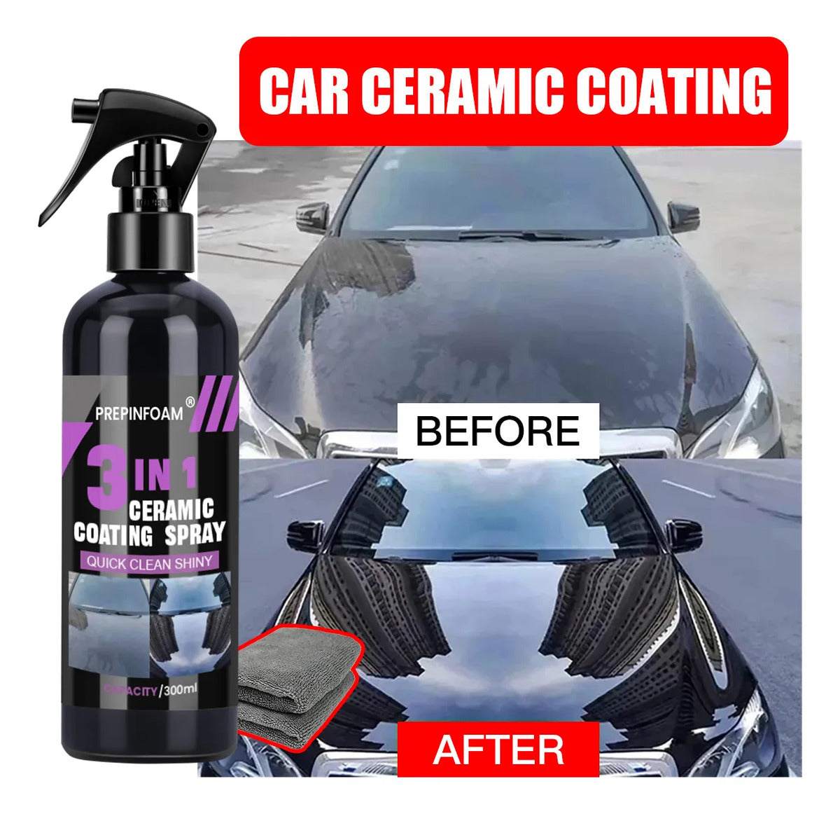 Recubrimiento Cerámico Spray Automotriz 3 en 1 Hidrofóbico 300 ml con Paño de Microfibra