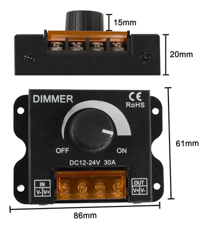 Regulador de Intensidad LED Manual (Dimmer) 12V-24V 30A Negro
