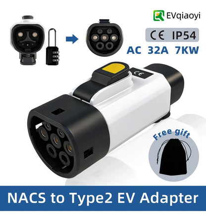 Adaptador de Carga EV NACS (Tesla) a Tipo 2 32A 7kW Blanco