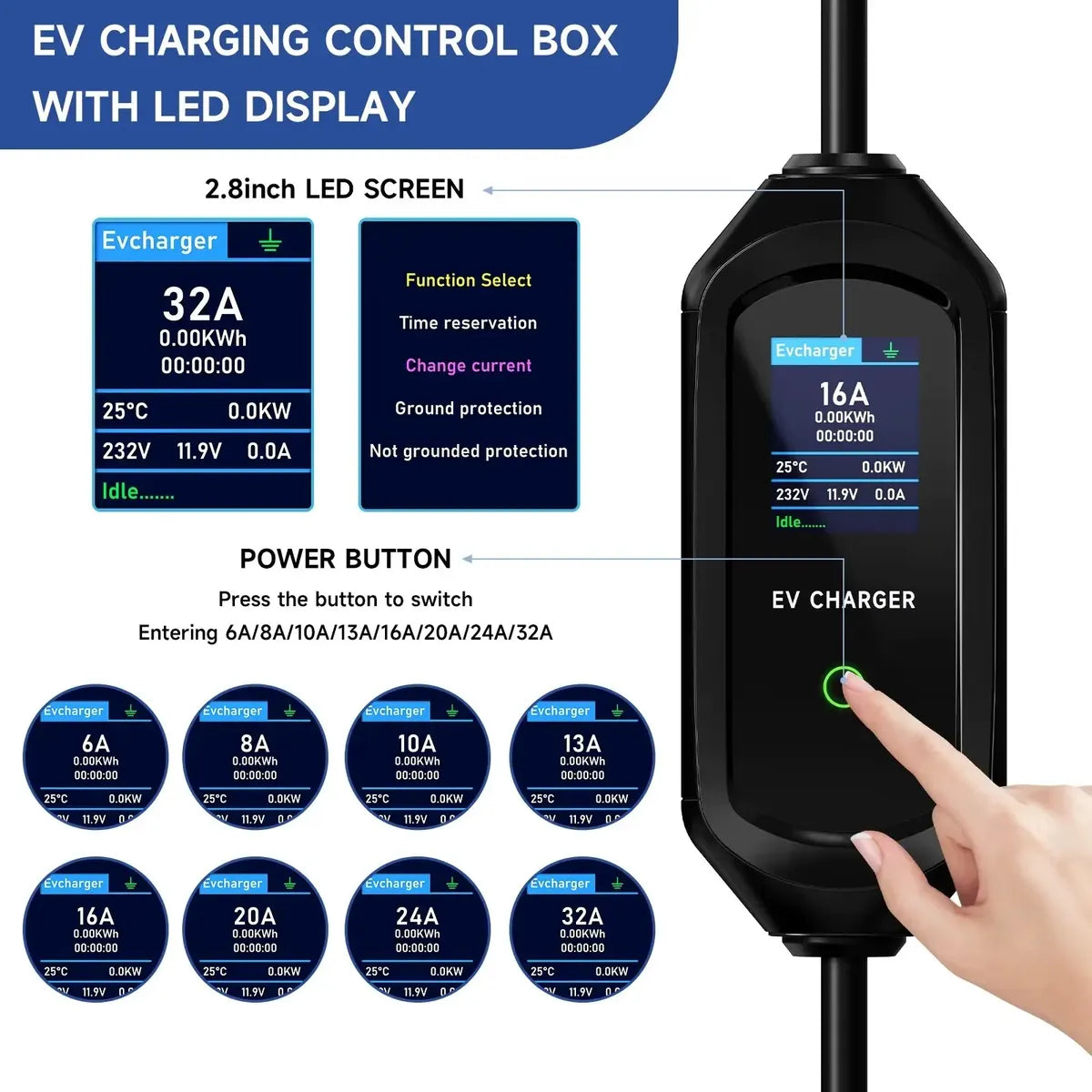 Cargador Portátil EV Tipo 2 AFEVV 22KW 32A 1 Fase