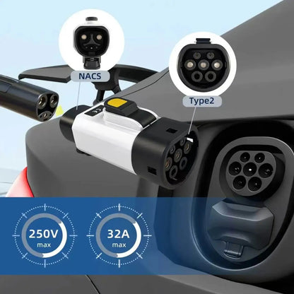 Adaptador de Carga EV NACS (Tesla) a Tipo 2 32A 7kW Blanco