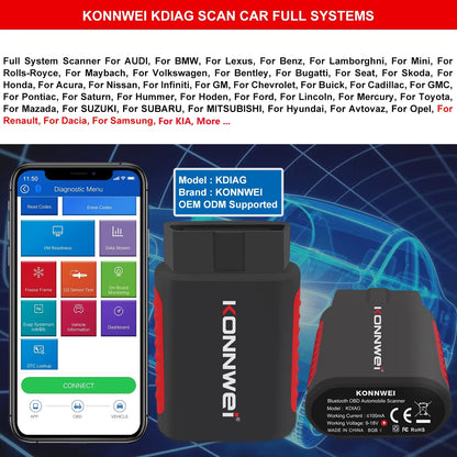 Escáner de Diagnóstico Automotriz Inalámbrico KONNWEI KDIAG Bluetooth OBD2 Sistema Completo con Actualizaciones Gratuitas de por Vida