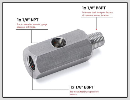 Adaptador T de Presión de Aceite 1/8 BSPT a 1/8 NPT – Acero Inoxidable