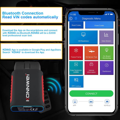 Escáner de Diagnóstico Automotriz Inalámbrico KONNWEI KDIAG Bluetooth OBD2 Sistema Completo con Actualizaciones Gratuitas de por Vida