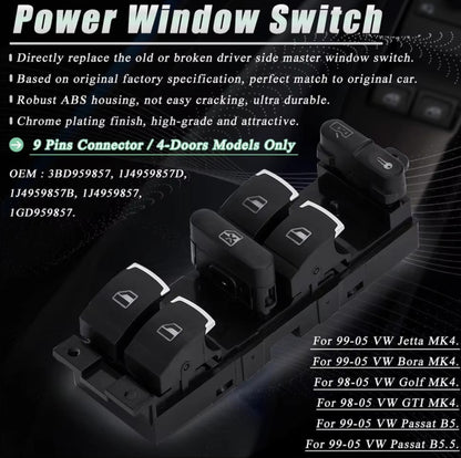 Interruptor Maestro Alzavidrios VW Golf 4 / Jetta MK4 / Passat B5 / Beetle – 3BD959857