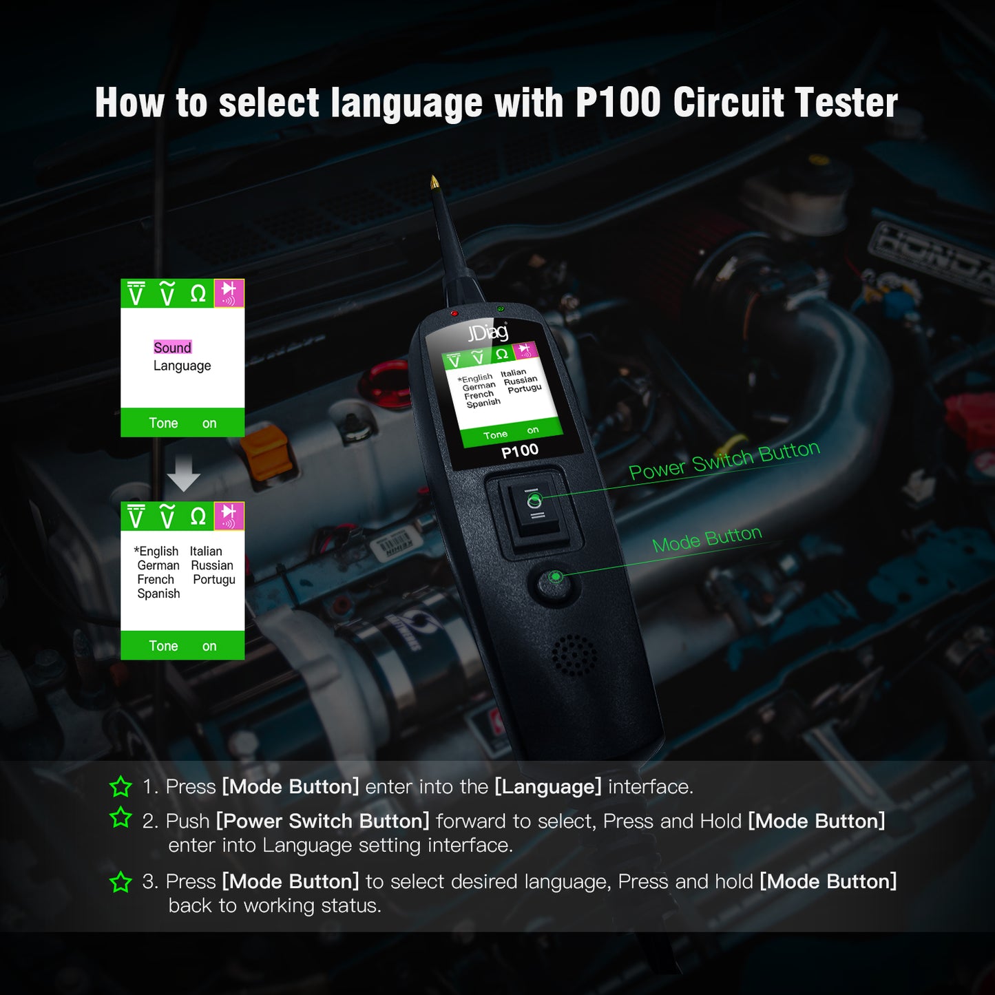 Probador Circuitos Eléctricos JDiag P100 12V 24V 10M