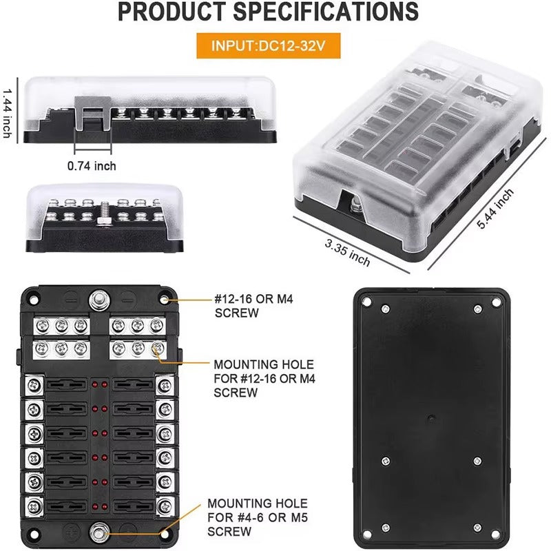Caja Portafusibles 12 Vías 12-24V Panel de Fusibles para Auto, Camper y Barco