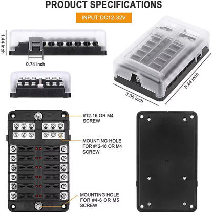 Caja Portafusibles 12 Vías 12-24V Panel de Fusibles para Auto, Camper y Barco