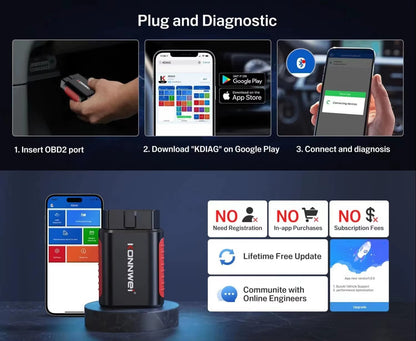 Escáner de Diagnóstico Automotriz Inalámbrico KONNWEI KDIAG Bluetooth OBD2 Sistema Completo con Actualizaciones Gratuitas de por Vida