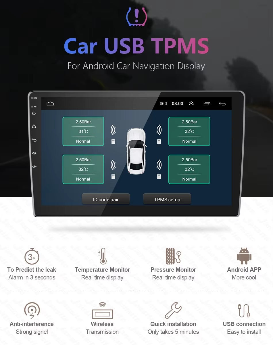 Sistema TPMS Android USB – Monitoreo Digital de Presión de Neumáticos + Tapas Indicadoras (Combo 2 en 1)