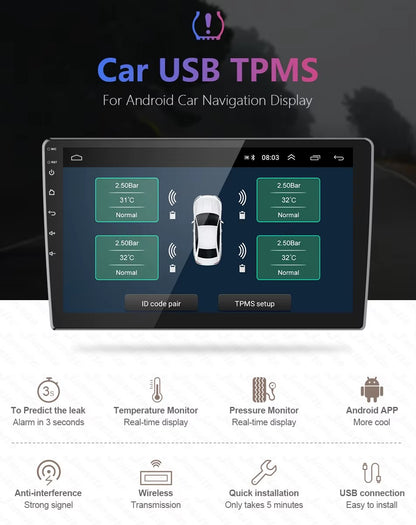 Sistema TPMS Android USB – Monitoreo Digital de Presión de Neumáticos + Tapas Indicadoras (Combo 2 en 1)
