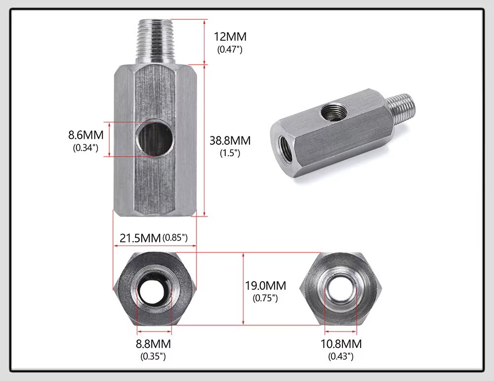 Adaptador T de Presión de Aceite 1/8 BSPT a 1/8 NPT – Acero Inoxidable