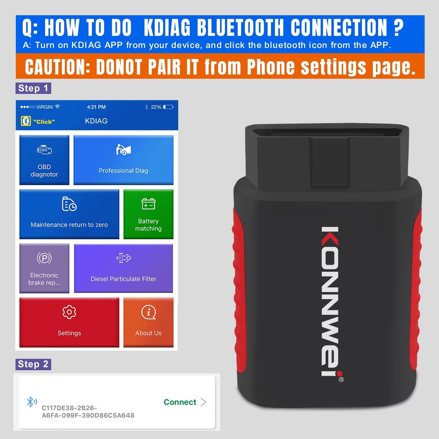 Escáner de Diagnóstico Automotriz Inalámbrico KONNWEI KDIAG Bluetooth OBD2 Sistema Completo con Actualizaciones Gratuitas de por Vida