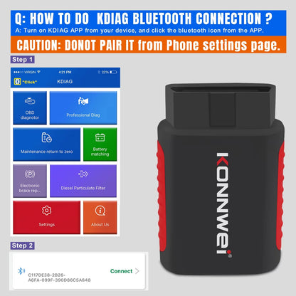 Escáner de Diagnóstico Automotriz Inalámbrico KONNWEI KDIAG Bluetooth OBD2 Sistema Completo con Actualizaciones Gratuitas de por Vida