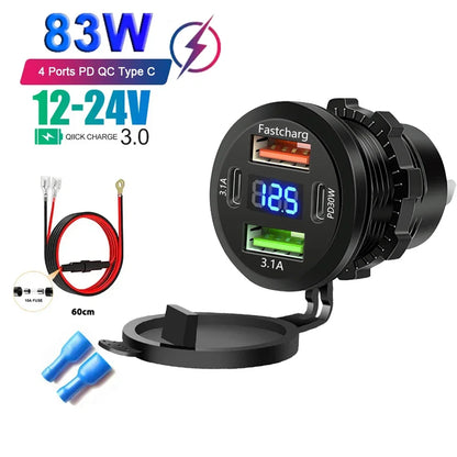 Cargador USB Tipo-C 4 Puertos 83W con Voltímetro 12V/24V para Auto, Moto y Embarcación - Resistente al Agua, con Cable
