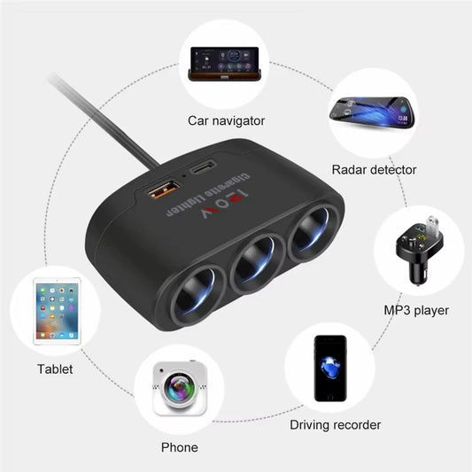 Cargador Encendedor 3 en 1 con Puertos USB y Tipo-C – 12V / 120W
