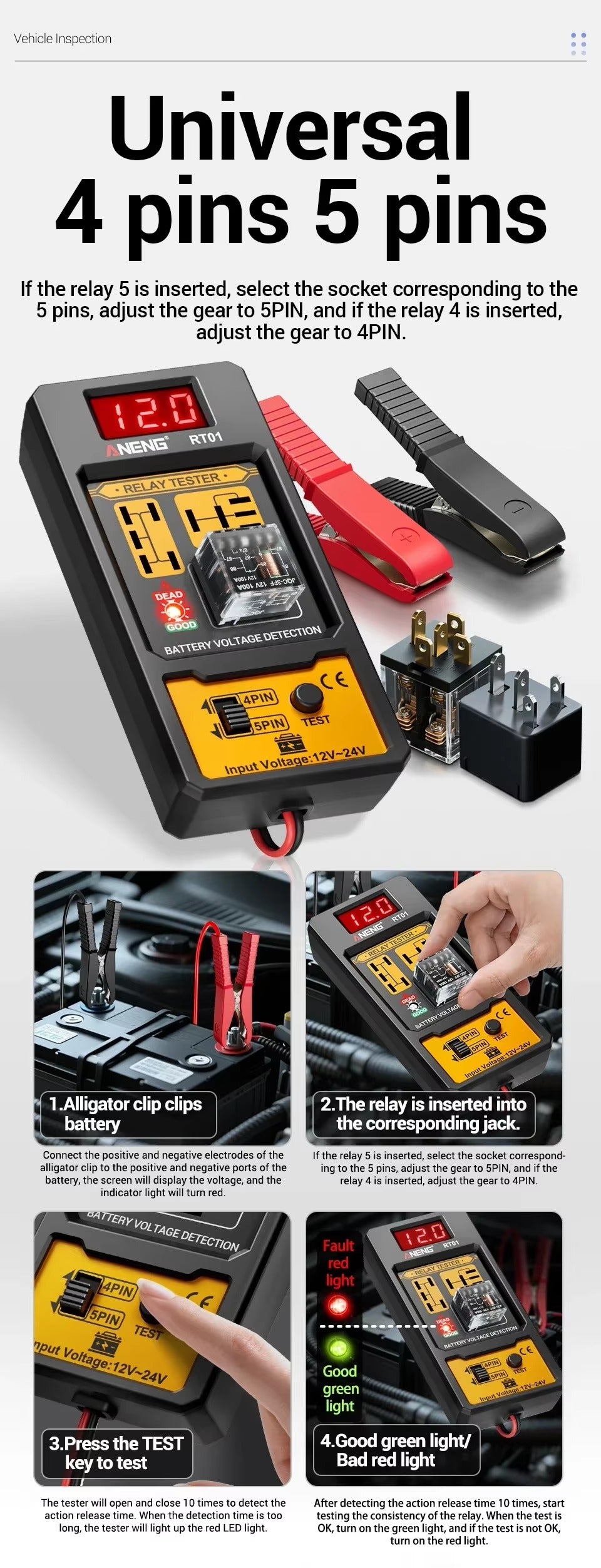Probador de Relé Automotriz ANENG RT01 Universal 11–25V – LED + Pinzas Cocodrilo