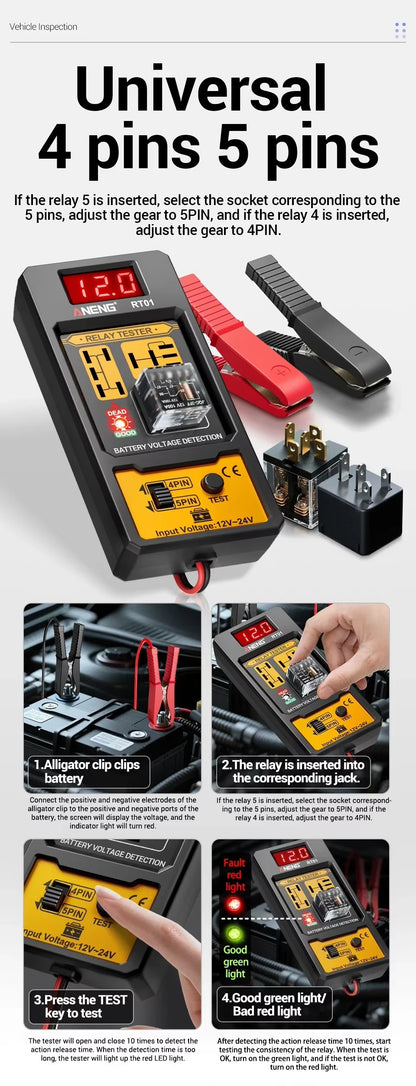 Probador de Relé Automotriz ANENG RT01 Universal 11–25V – LED + Pinzas Cocodrilo