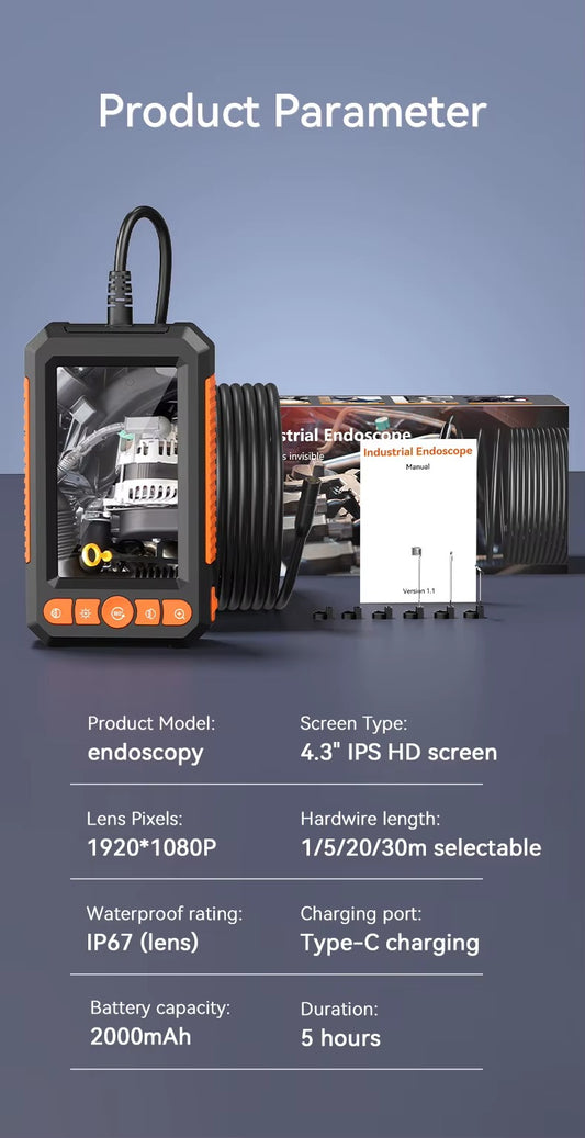 Cámara Endoscópica Industrial Dual Lens 5 m Pantalla 4.3” HD | Resolución 1080P | Impermeable IP67