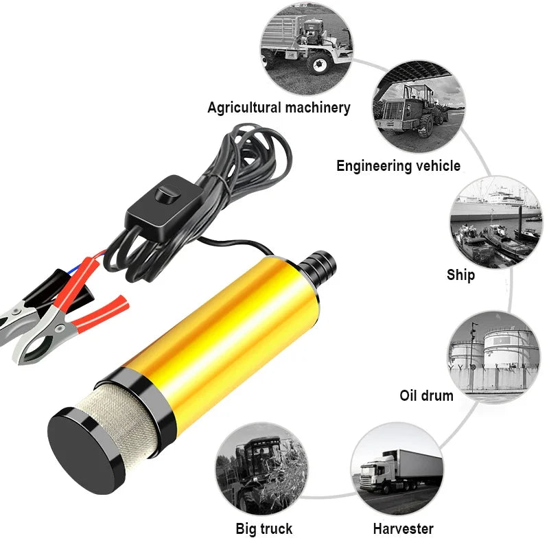 Bomba de Transferencia Eléctrica 12V 38mm para Diésel, Agua y Combustible - 12 L/min, Carcasa Sumergible de Aluminio